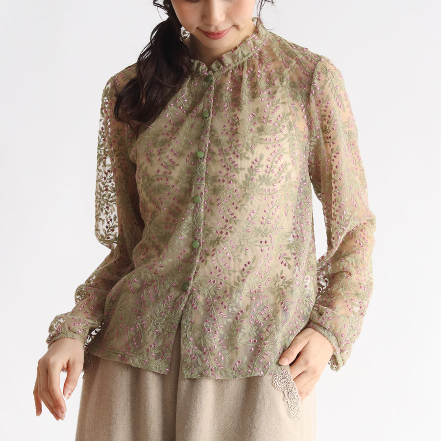 solo antiques 購入JINBOSACHIKO 個展　チュールブラウス セール】シアーフラワーボリュームチュールブラウス（シャツ