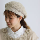 柄編みウールニットベレー帽