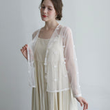 Sheer Tulle Pompom Embroidered Cardigan