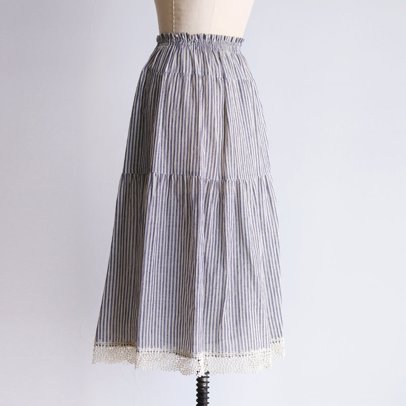 [Scheduled to arrive in early April 2024] Cotton linen striped tiered skirt [Now accepting reservations]
