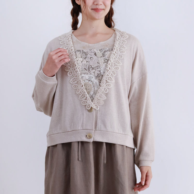 Cotton linen triple twist knit V color cardigan
